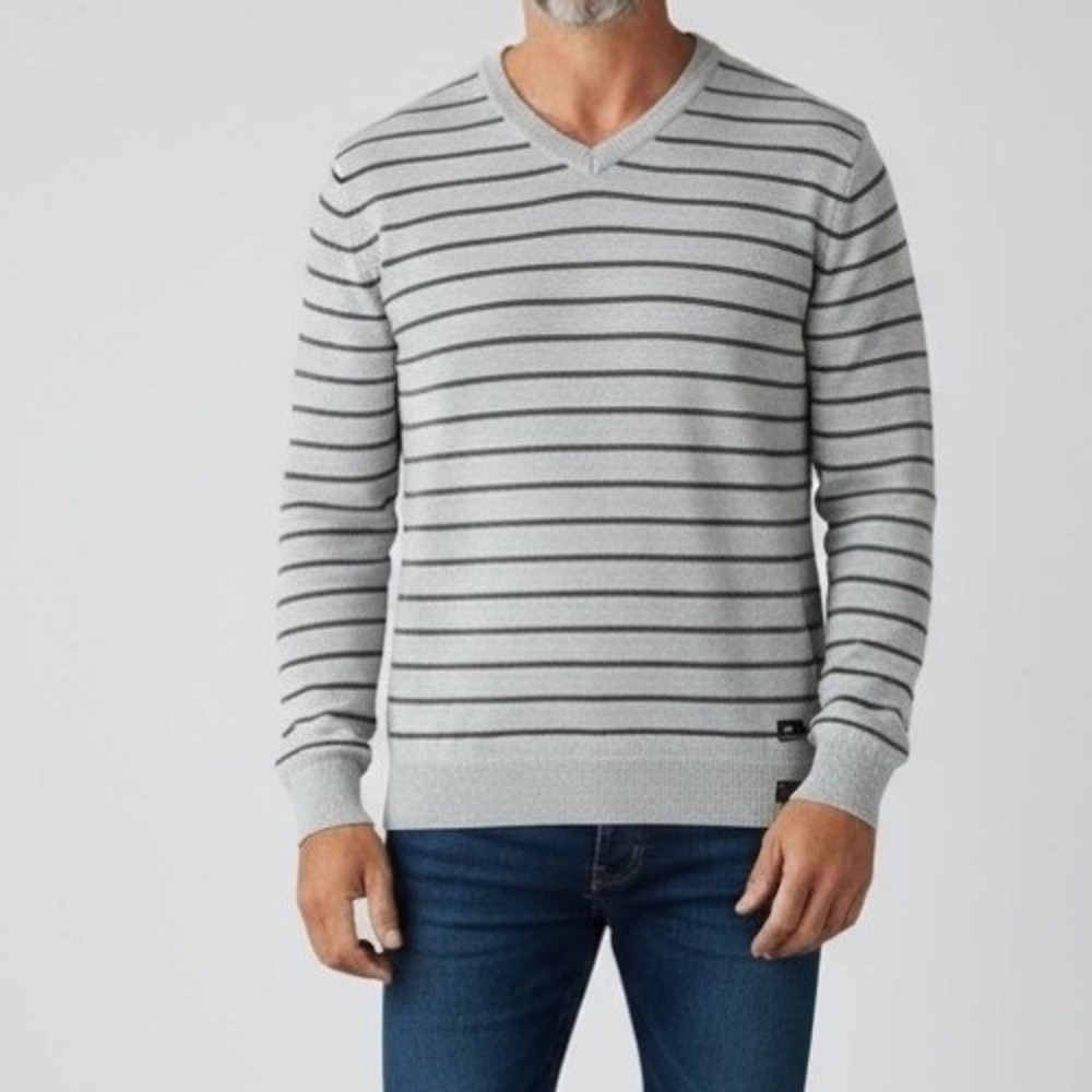 Aeropostale Gray Striped‎ V-Neck Sweater Men's Medium Casual Knit Pullover
